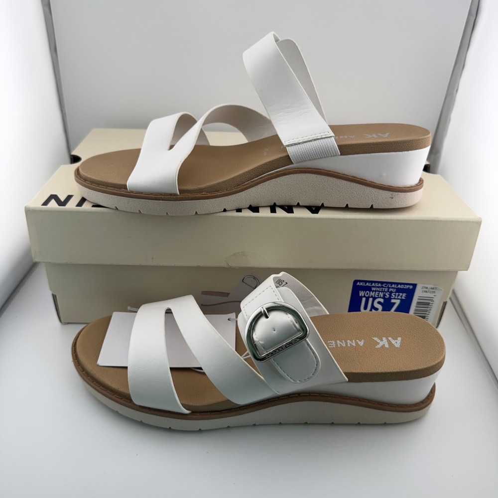 Anne Klein Lalasa Sandals Womens 7 White New Wedge Heel Buckle Strappy Slide